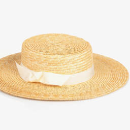 Il Gufo-Girls Beige & Ivory Ribbon Straw Hat | Childrensalon