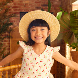 Il Gufo-Girls Beige & Ivory Ribbon Straw Hat | Childrensalon