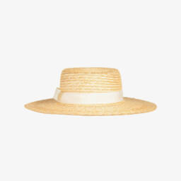 Il Gufo-Girls Beige & Ivory Ribbon Straw Hat | Childrensalon