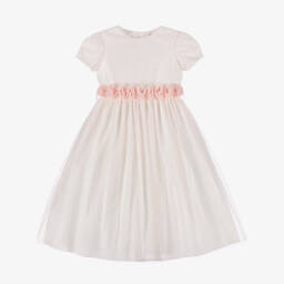 Il Gufo-Girls Long Pink Tulle Dress with Floral Belt | Childrensalon