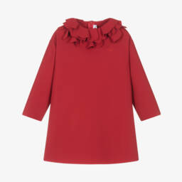 Il Gufo-Girls Red Scuba Jersey Dress with Ruffled Neckline | Childrensalon