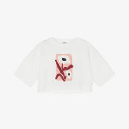Il Gufo-Girls White Cotton Flower T-Shirt | Childrensalon