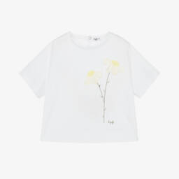 Il Gufo-Girls White Flower Cotton T-Shirt | Childrensalon