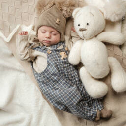 Jamiks-Baby Boys Grey Check Cotton Teddy Bear Dungarees | Childrensalon