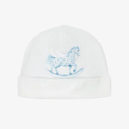 Baby Boys Ivory & Blue Rocking Horse Cotton Layette Hat