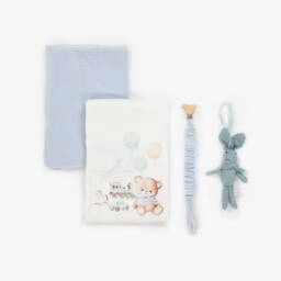 Jamiks-Blue Cotton Teddy Muslin & Dummy Clip Set  | Childrensalon
