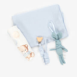 Jamiks-Blue Cotton Teddy Muslin & Dummy Clip Set  | Childrensalon