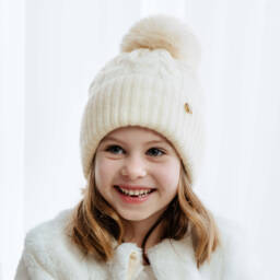 Jamiks-Шапка кремовая из шерсти и кашемира с помпоном из искусственного меха длядевочек | Childrensalon