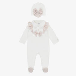 Jamiks-Girls Ivory & Pink Velour Floral Bow Babysuit Set | Childrensalon