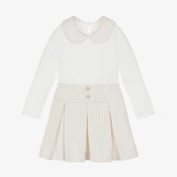 Girls Ivory Velour Top & Tweed Skirt Set