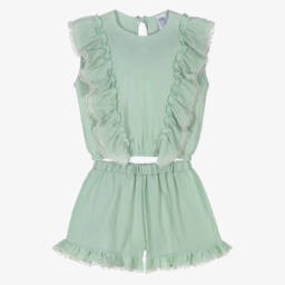 Girls Mint Green Cheesecloth Shorts Set with Ruffles