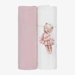 Jamiks-Girls Pink Cotton Ballerina Bear Muslin Cloths (2 Pack) | Childrensalon