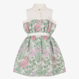 Girls Green & Pink Floral Jacquard Dress