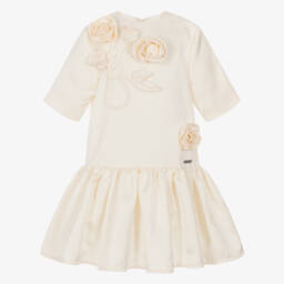 Girls Ivory Satin Dress with 3D Roses
