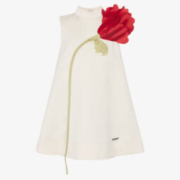 Girls Ivory Satin Dress with Red Flower