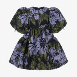 Jessie and James London-Girls Navy Blue & Lilac Cotton Floral Jacquard Dress | Childrensalon