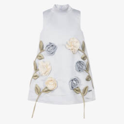 Girls Pale Blue Satin Dress with Roses