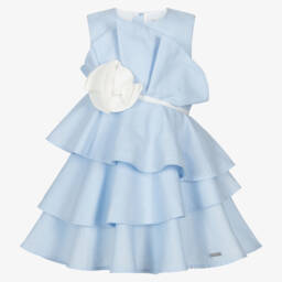 Jessie and James London-فستان مزين بكشكش وزهرة لون أزرق باستيل للبنات | Childrensalon