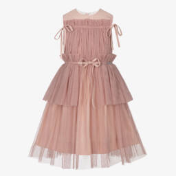 Jessie and James London-Girls Pink Cotton Dress with Gathered Tulle Overlay | Childrensalon