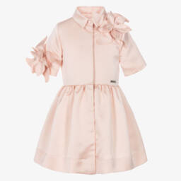 Girls Pink Satin Shirt Dress with 3D Flowers