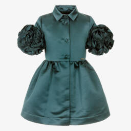 Jessie and James London-Платье бирюзовое с пышными рукавами с оборками из сатина | Childrensalon
