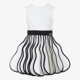 Jessie and James London-Girls White & Navy Blue Cotton Dress with 3D Folds | Childrensalon