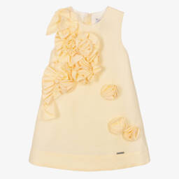Jessie and James London-Girls Yellow Cotton & Hemp Dress with 3D Flowers | Childrensalon