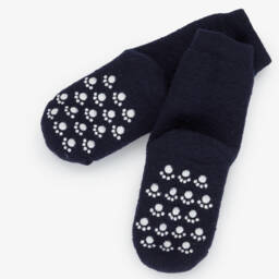 Joha-Navy Blue Wool Socks with Paw Print Anti-Slip Grips | Childrensalon