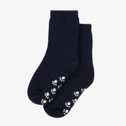 Joha-Navy Blue Wool Socks with Paw Print Anti-Slip Grips | Childrensalon