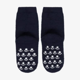 Joha-Navy Blue Wool Socks with Paw Print Anti-Slip Grips | Childrensalon