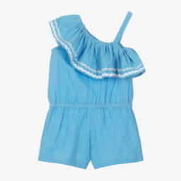 Joyday-Girls Blue Muslin Ruffle Playsuit | Childrensalon