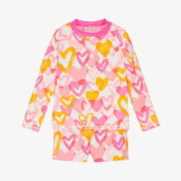 Joyday-Girls Pink Heart Print Swim Top & Shorts (UPF50+) | Childrensalon