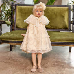 Junona-Girls Beige Embroidered Tulle Dress | Childrensalon