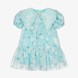 Junona-Girls Blue Embroidered Floral Chiffon Dress | Childrensalon