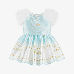 Junona-Girls Blue Satin Dress with Festive Angels | Childrensalon