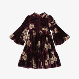 Junona-Girls Burgundy Red Velvet Floral Dress | Childrensalon