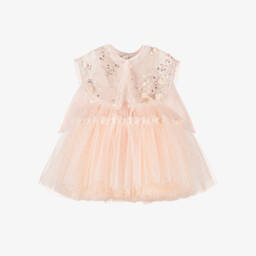 Girls Dusky Pink Tulle Dress with Beaded Collar