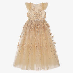 Girls Embellished Gold Tulle Floor Length Dress