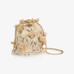 Girls Flower & Glitter Embellished Gold Tulle Bag (13cm)