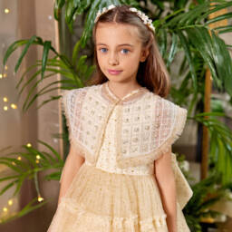 Junona-Girls Glittery Gold Tulle Dress & Cape Set | Childrensalon
