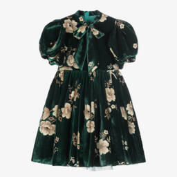 Junona-Girls Green Velvet Floral Dress | Childrensalon