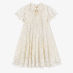 Junona-Girls Ivory Lace Flutter Sleeved Dress | Childrensalon