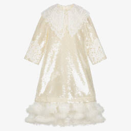 Junona-Girls Ivory Sequin Jumpsuit with Feathers & Cutwork Embroidery | Childrensalon
