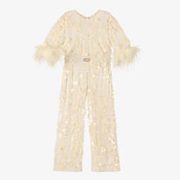 Junona-Girls Ivory Shimmery Sequin & Feather Jumpsuit | Childrensalon