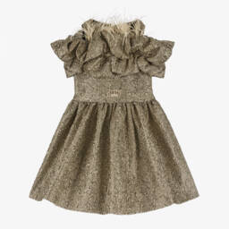 Junona-Girls Metallic Gold Ruffle Dress with Feather Trim | Childrensalon