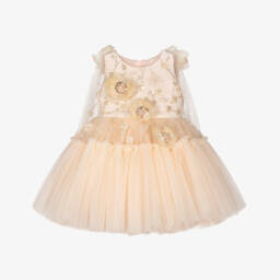 Junona-Girls Pale Peach Cape Dress Embellished with Sequins & Pearls | Childrensalon