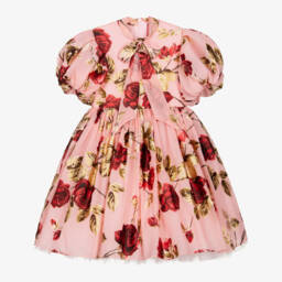 Junona-Girls Pink Chiffon Dress with Red Roses | Childrensalon
