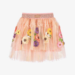 Junona-Girls Pink Embroidered Floral Tulle Skirt | Childrensalon