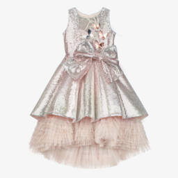 Junona-Girls Pink & Silver Sequin Dress with Bow & Butterfly Motifs | Childrensalon