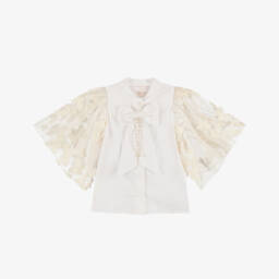 Girls White Cotton Blouse with Golden Tulle Sleeves